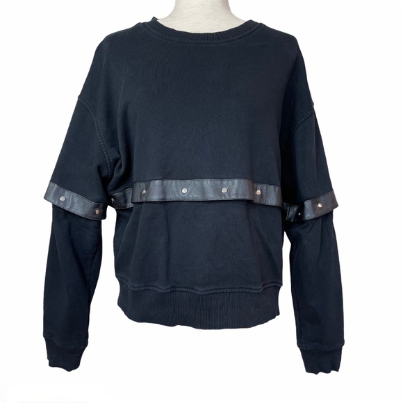 Diesel Convertible Black Sweatshirt with Faux Leather Trim and Silver Snaps - Picture 2 of 12